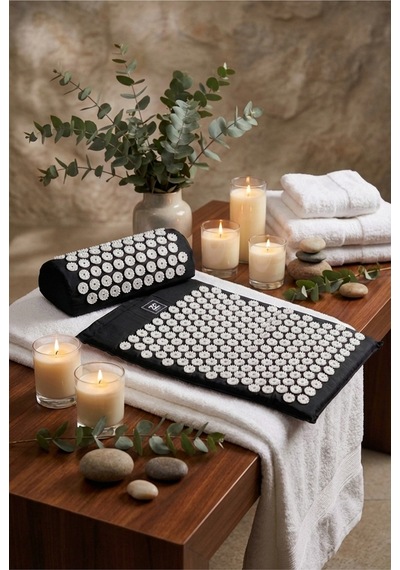 Sırt İçin Dikenli Çivimat Masaj Minderi Akupunktur Yoga Pilates Mat Yastıklı Set Siyah Karışık