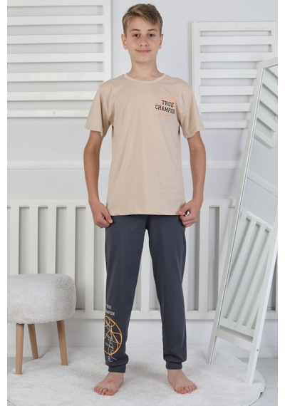 Zuzunga True Champion Basketbol Baskılı Kısa Kol Erkek Çocuk Pijama Takımı Bej