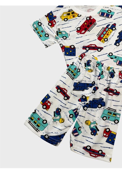 Aliş Kids Erkek Çocuk Pamuklu Beyaz Araba Desenli Kısa Kollu Şortlu Yazlık Pijama Takımı