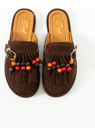 Duxal Shoes Hazel Kadın Süet Püsküllü Boncuklu Tokalı Terlik Mulo Acıkahve