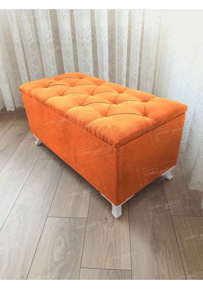 Sandıklı Kapitoneli Ayakucu Puf Bench 110 Cm Beyaz Ayak Turuncu