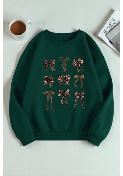 Uyguntarz Unisex Leopar Desenli Tasarım Baskılı Bisiklet Yaka Sweatshirt Yeşil