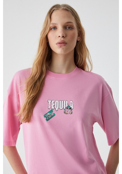 Grımelange CAITLYN Kadın Oversize Bisiklet Yaka Pembe T-Shirt