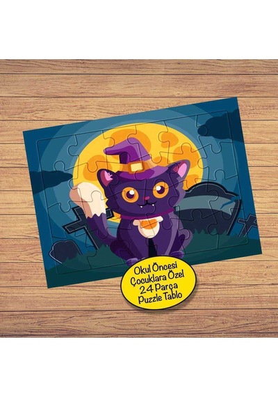 Mor Hallowen Kedisi 24 Parça Çocuklara Özel Yapboz Tablo-7927569