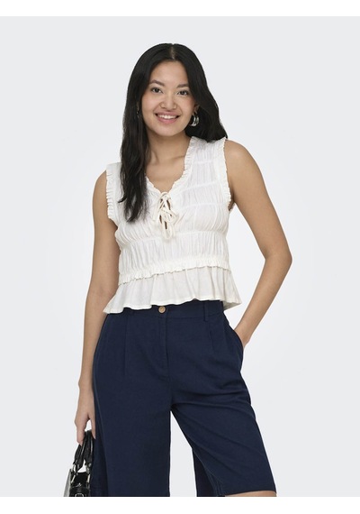 Only Onlgoa S/s Lınen Bl Frıll Top Cc Pnt Beyaz Kadın T-shirt 15363693