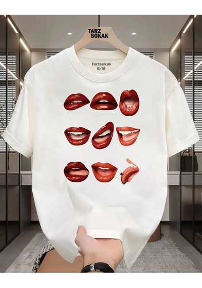 Flood Of Style Unisex Carzy Lips T-shirt Beyaz