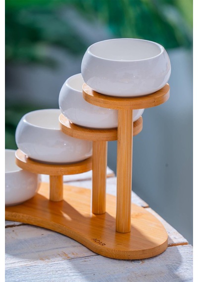 Acar Yam-07545/12 Pamira Bambu Standlı 4'lü Porselen Kase Seti - 8.5 Cm Beyaz