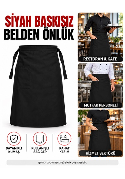 Baskısız Belden Önlük, Cepli Bağlamalı Garson, Aşçı, Mutfak, Restoran Ve Kafe Önlüğü Siyah