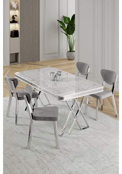 Raja Serisi 80x130 Lak Panel Beyaz Mermer Desen Masa Takımı Krom Ayaklı 4 Sandalye Beyaz Mermer Masa Gri Sandalye Raja Serisi 80x130 Lak Panel Beyaz Mermer Desen Masa Takımı Krom Ayaklı 4 Sandalye Beyaz Mermer Masa Gri Sandalye