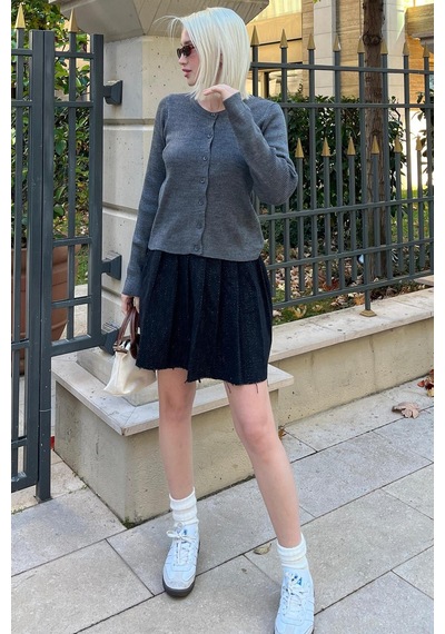 Madmext Siyah Ekose Desen Kadın Pileli Etek Mg2248 Siyah