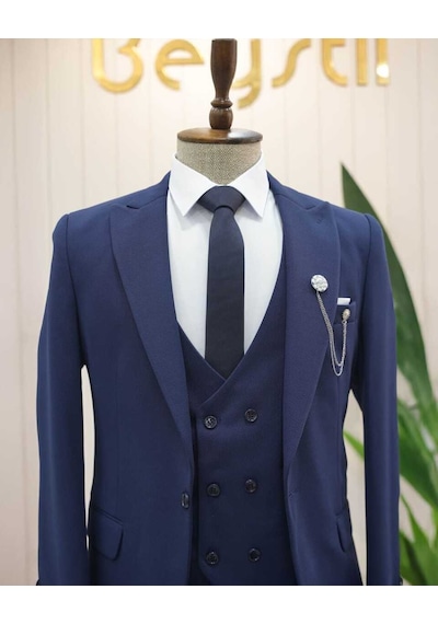 Beystil Sivri Yaka Lacivert Takım Elbise Petek04 - Slim Fit Lacivert