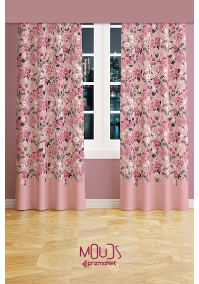 Pembe Çiçek Desenli Süet Oturma Odası Salon Fon Perde Baskılı Ekstrafor Büzgü 2 Kanat Prd-1022 Çok Renkli