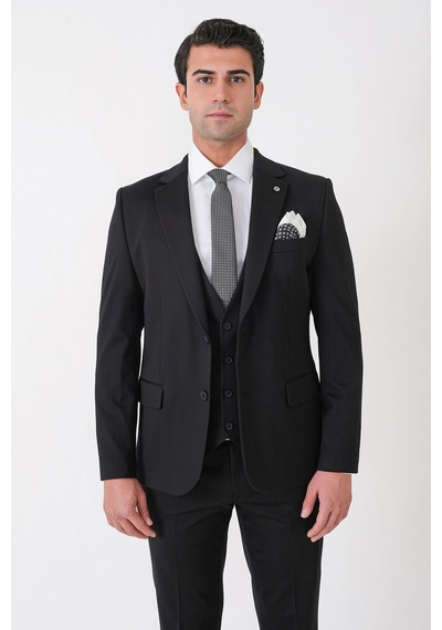 Efor Slim Fit Esnek Pamuklu Dokulu Siyah Yelekli Takım Elbise Tk 959