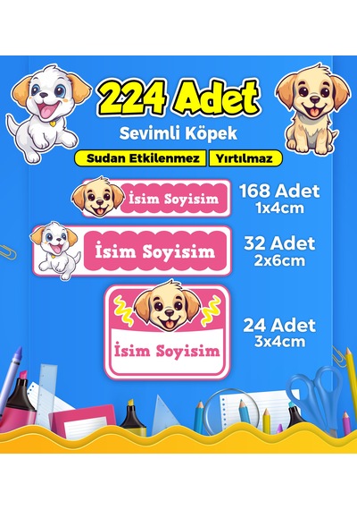 Sevimli Köpek Temalı Okul Kreş Kişiye Özel İsim Etiket Seti - Model 413 Çok Renkli