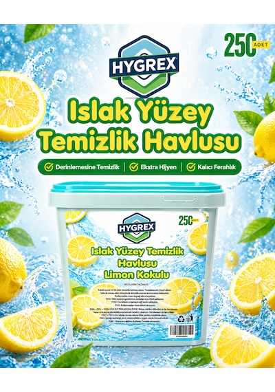 Hygrex Limon Kokulu Yüzey Temizlik Havlusu Islak Kova Mendil 250 Adet Ev Ofis Tüm Yüzeyler Kovalı Mendil Beyaz