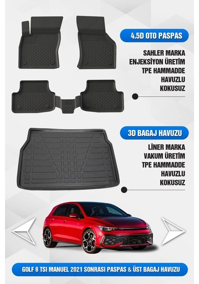 Volkswagen Golf 8/8.5 Manuel Uyumlu 4.5d Premium Havuzlu Oto Paspas Ve Liner Üst Bagaj Havuzu