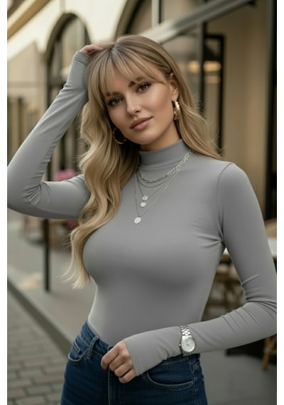 Parmak Geçmeli Kadın Body Esnek Kumaş Gri
