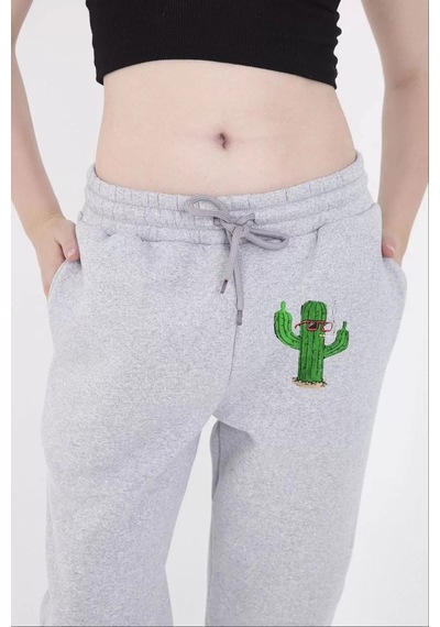 Kadın Lastikli Baskılı Eşofman Pantolon - Gri 001