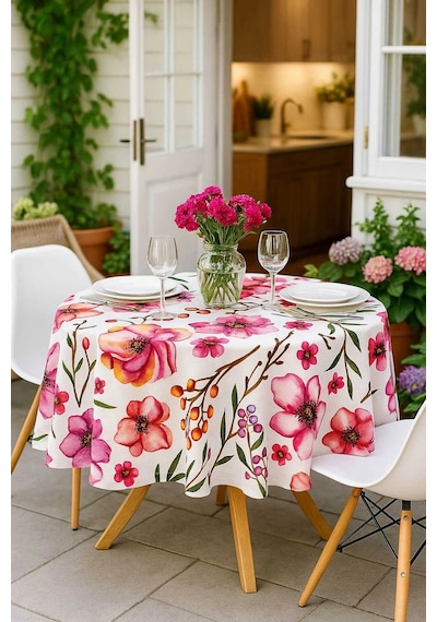 Yuvarlak Çiçek Desenli Duck Kumaş Masa Örtüsü 150x150 Cm Çok Renkli
