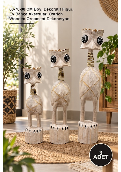 3 Adet Ahşap 3'lü Deve Kuşu Dekor Seti 60-70-90 Cm Boy, Dekoratif Figür, Ev Bahçe Aksesuarı Ostrich Wooden Ornament Dekorasyon Diğer