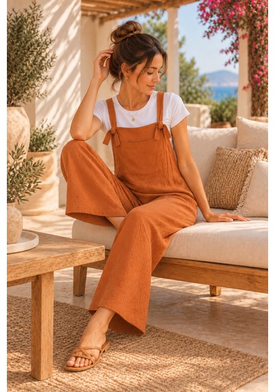 Palena Plnl6141 Doğal Müslin Kumaş Yumuşacık Salopet - Camel