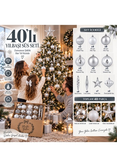 40 Parça Gümüş Yılbaşı Ağacı Süs Seti 40/60/70 Mm Toplar, Yıldız Ve Sarkıt Süsler 3 CM