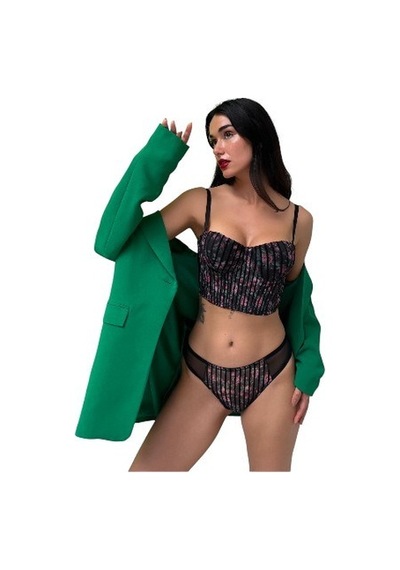 Onsekiz18shop Destekli Güllü Ten Rengi Çiçek Baskılı Büstiyer Takım Siyah