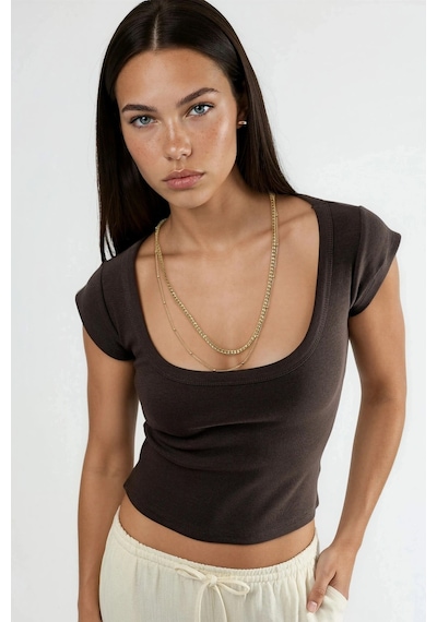 Hiccup Busem Slim Fit Ribana U Yaka Bluz Kahve Kahvesi