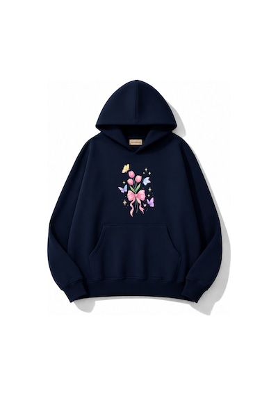 Herkesemoda Lale Çiçek Baskılı Kapüşonlu 2 İplik Şardonlu Sweatshirt Lacivert