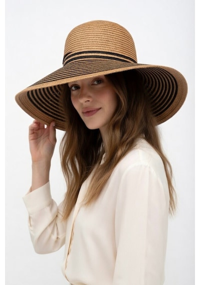Mollycrush Kadın Camel Siyah Çizgili Hasır Plaj Şapkası Geniş Kenarlı Güneş Koruyucu Fötr Camel-siyah