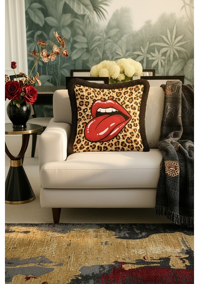 Pop Art Dudak Leopar Desenli Saçaklı Yastık Kılıfı-fenomen Kırmızı Eklektik Püsküllü Kırlent Kılıfı Soft Göl Taş