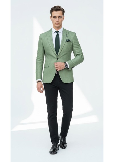 Plus Scorpion Erkek Dokulu Kumaş Slim Fit Blazer Ceket Şık Modern Kesim Tek Düğmeli Yeşil