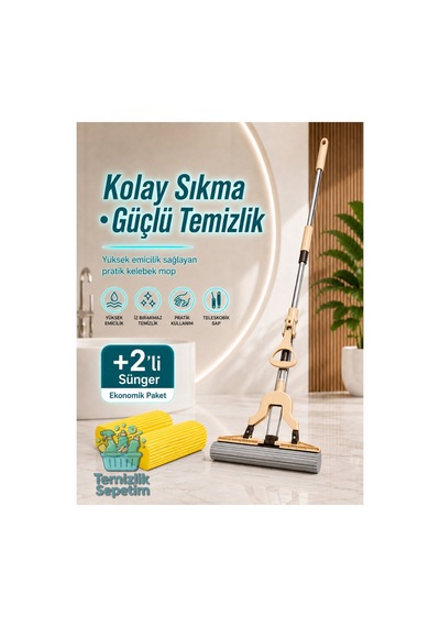 Kelebek Mop Süngerli Paspas Seti, Kendinden Sıkmalı Teleskobik Saplı Yer Temizlik Mopu +2 Yedekli Yüksek Emicili Sünger