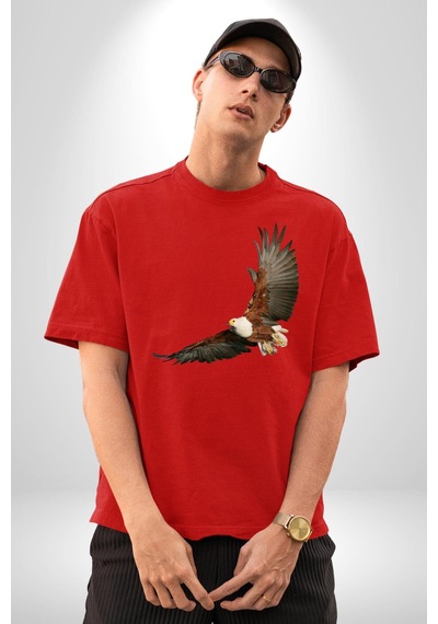 Kartal Özgürlük Pamuklu Bisiklet Yaka Unisex Oversize Boyfriend Dijital Baskılı Kırmızı T-shirt Kırmızı