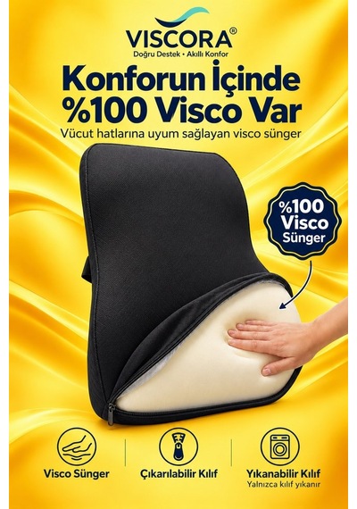 Araba Sırt Minderi Ofis Koltuk Sırt Minderi Ergonomik %100 Visco Klipsli Destek Yastığı, Siyah 45