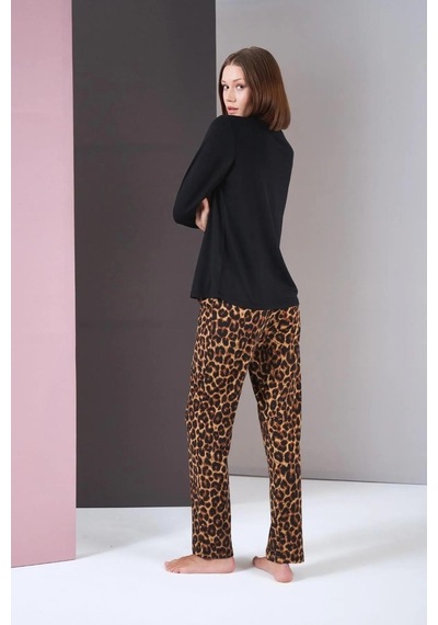 Pjs 26004 Kadın Uzun Kol Leopar Desenli Pijama Takım Siyah