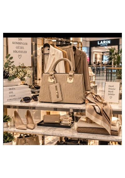 Larin Çanta Kadın Pudra Renk Dikey Desenli Gold Detaylı Omuz Çantası