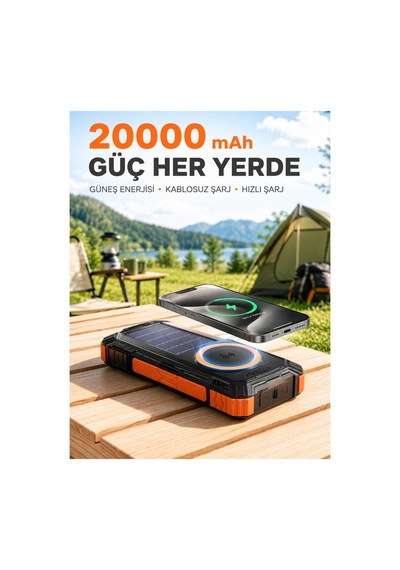 20000 Mah Powerbank Güneş Enerjili Kablosuz Şarj Hızlı Şarj Taşınabilir Batarya Altın