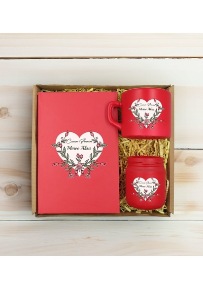 Bk Gift Kişiye Özel İsimli Dtf Anne Temalı Kırmızı Defter & Kahve Fincanı & Mum Hediye Seti-5, Anneye Hediye, Anneler Günü Hediyesi Kobitmeyencom30775
