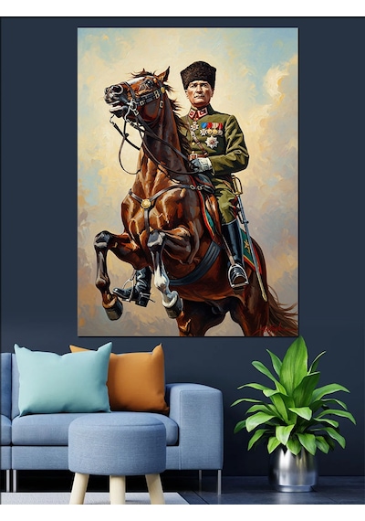 Kahverengi Atla Mustafa Kemal Atatürk Dekoratif Kanvas - Mdf Ahşap Tablo
