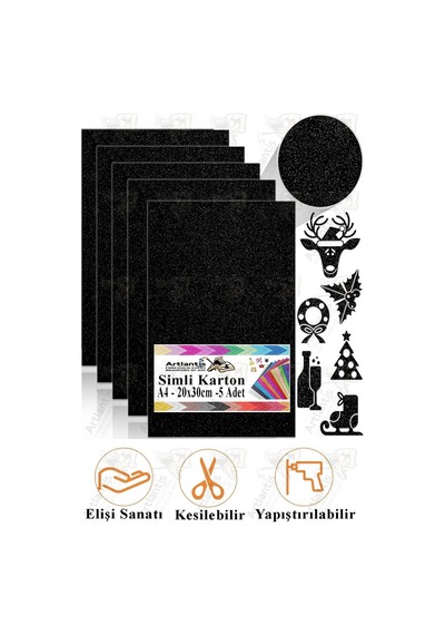 Simli Karton A4 20x30 Cm 5 Li 1 Paket Simli Fon Kartonu Parıltılı Kağıt Anasınıfı Kreş Etkinlik Proje Dekoratif Siyah