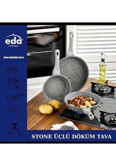 Eda Stone Gri Granit Döküm 3'lü Tava Seti 20-24-28 Cm Zk-921