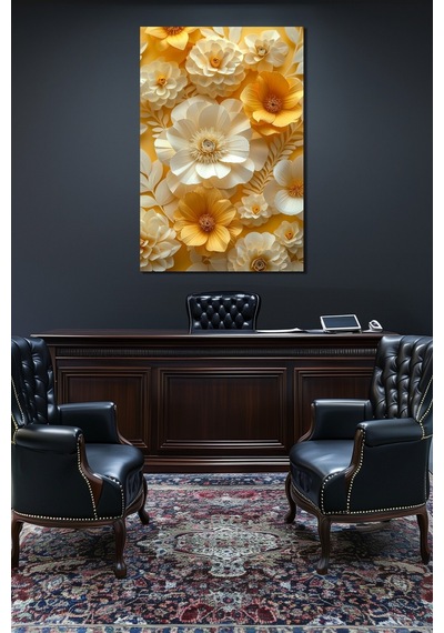 Çiçek Baskılı Cam Tablo 3d Görünümlü Sarı Beyaz Floral Dekoratif Duvar Tablosu
