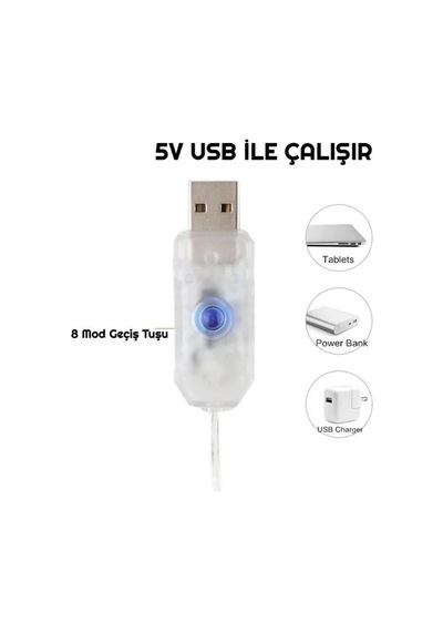 Usb Peri Led Perde Süsleme Ledi 3x2 Mt 10 Kollu Günışığı 3500k Çok Renkli