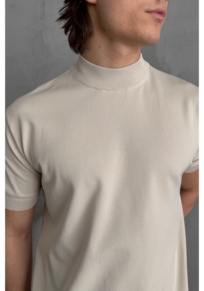 Erkek Oversize Yarım Balıkçı Triko T-shirt Bej