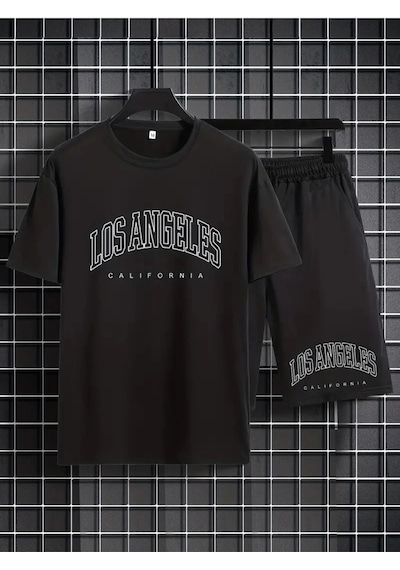 Startmore Erkek Beyaz''los Angeles Baskılı'' Basic Oversize T-shirt- Şort Takım Strup0000000000015 Siyah