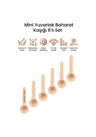 Kamptek Ahşap Yuvarlak Tasarım Mini Baharat Servis Ölçü Kaşığı 6 Adet Set Ahşap