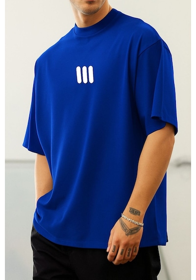 3 Çizgi Baskılı Unisex Tshırt Q6 Saks Mavisi