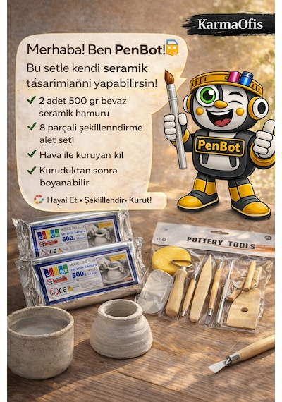Beyaz Seramik Hamuru Seti 500 Gr X2 + 8 Parça Şekillendirme Aletleri Air Dry Kil Seti Krem