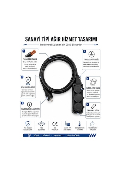 Ünal Kablo Sanayi Tipi Ağır Hizmet Uzatma Kablosu 5 Metre 3x2.5 Mm %100 Tam Bakır Seldur Kauçuk 3'lü Grup Priz Orel Kauçuk Fiş Ip54 Ip44 5 M
